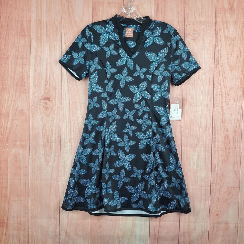 Ben Hogan Womens Pixel Floral Dress Sz XS Black Polyester V-Neck Short Sleeve